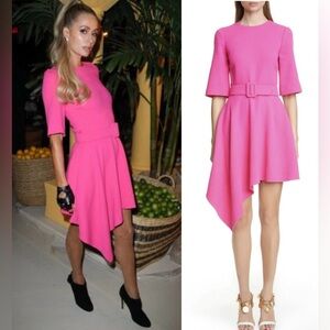 $2490 NWT OSCAR DE LA RENTA Belted Round Neck Dress In Fuchsia.Made In Italy